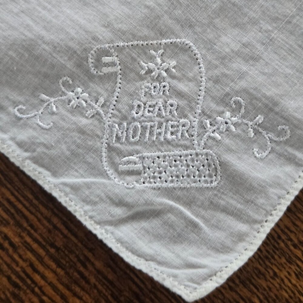 Vintage White Embroidered "For Dear Mother" Handkerchief